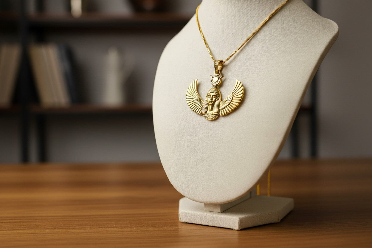 Gold Goddess Hathor Pendant, Large Egyptian Goddess Necklace