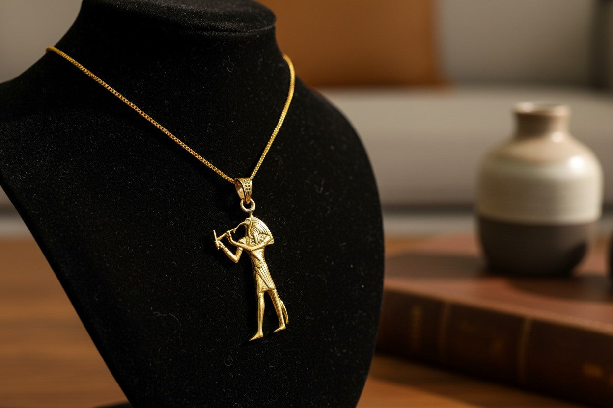 Gold Thoth Pendant Necklace, Egyptian Revival Talisman
