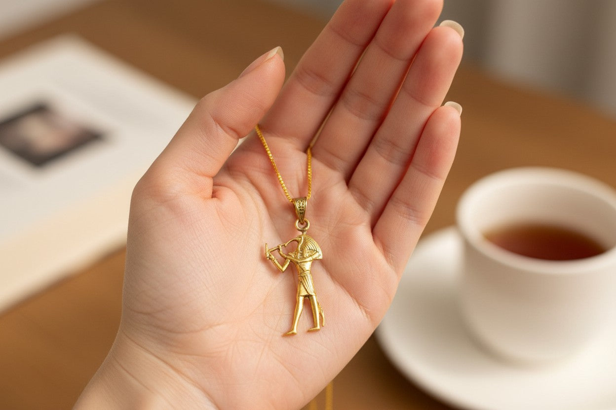 Gold Thoth Pendant Necklace, Egyptian Revival Talisman