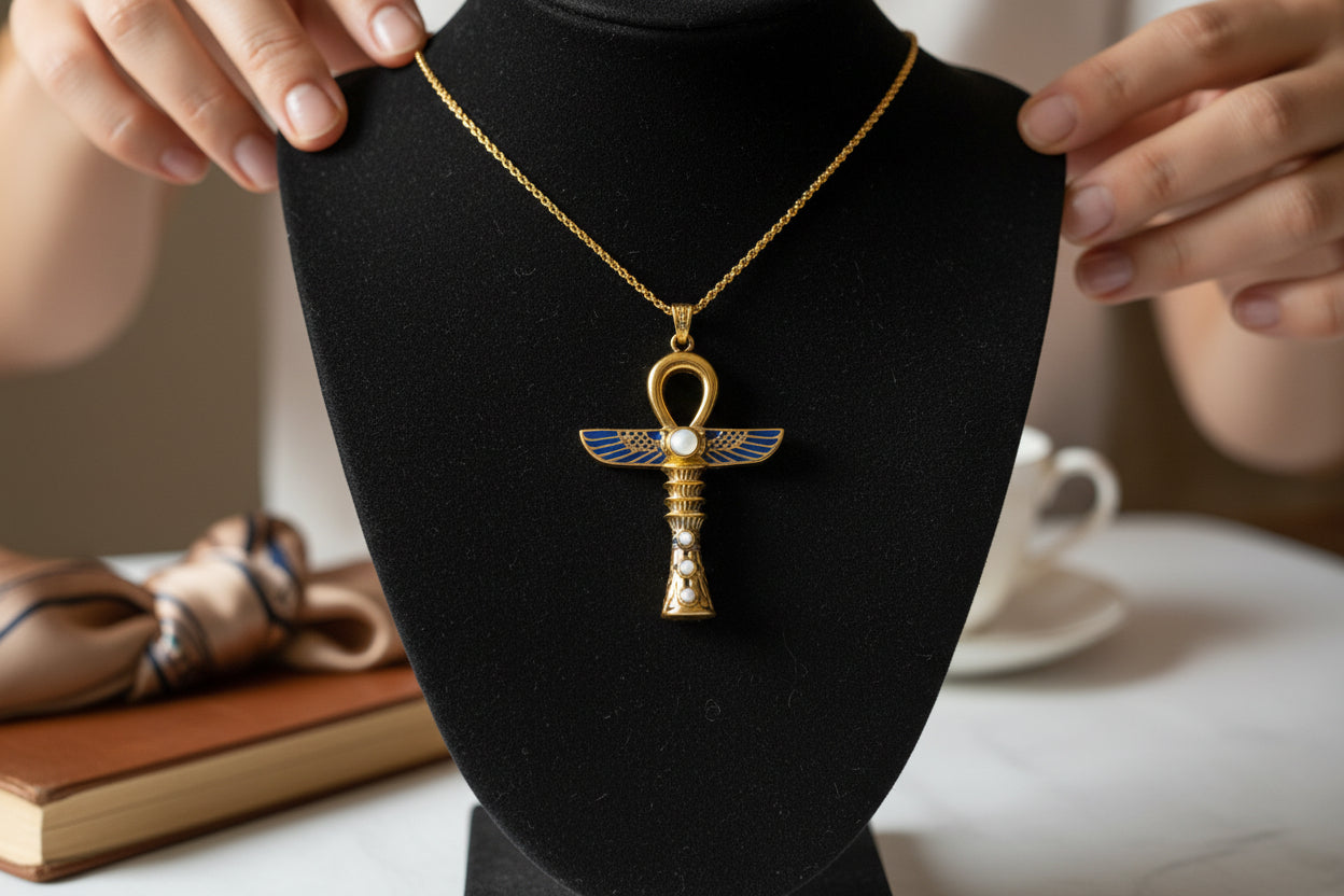 Gold Winged Ankh Necklace, Large Egyptian Key of Life with Mother of Pearl