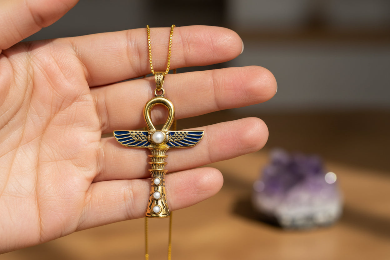 Gold Winged Ankh Necklace, Large Egyptian Key of Life with Mother of Pearl