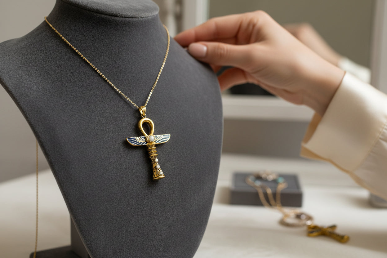 Gold Winged Ankh Necklace, Large Egyptian Key of Life with Mother of Pearl