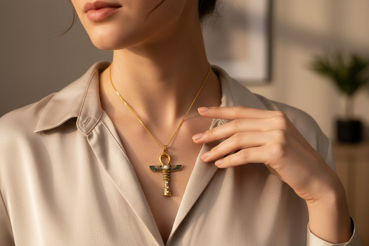 Gold Winged Ankh Necklace, Large Egyptian Key of Life with Mother of Pearl