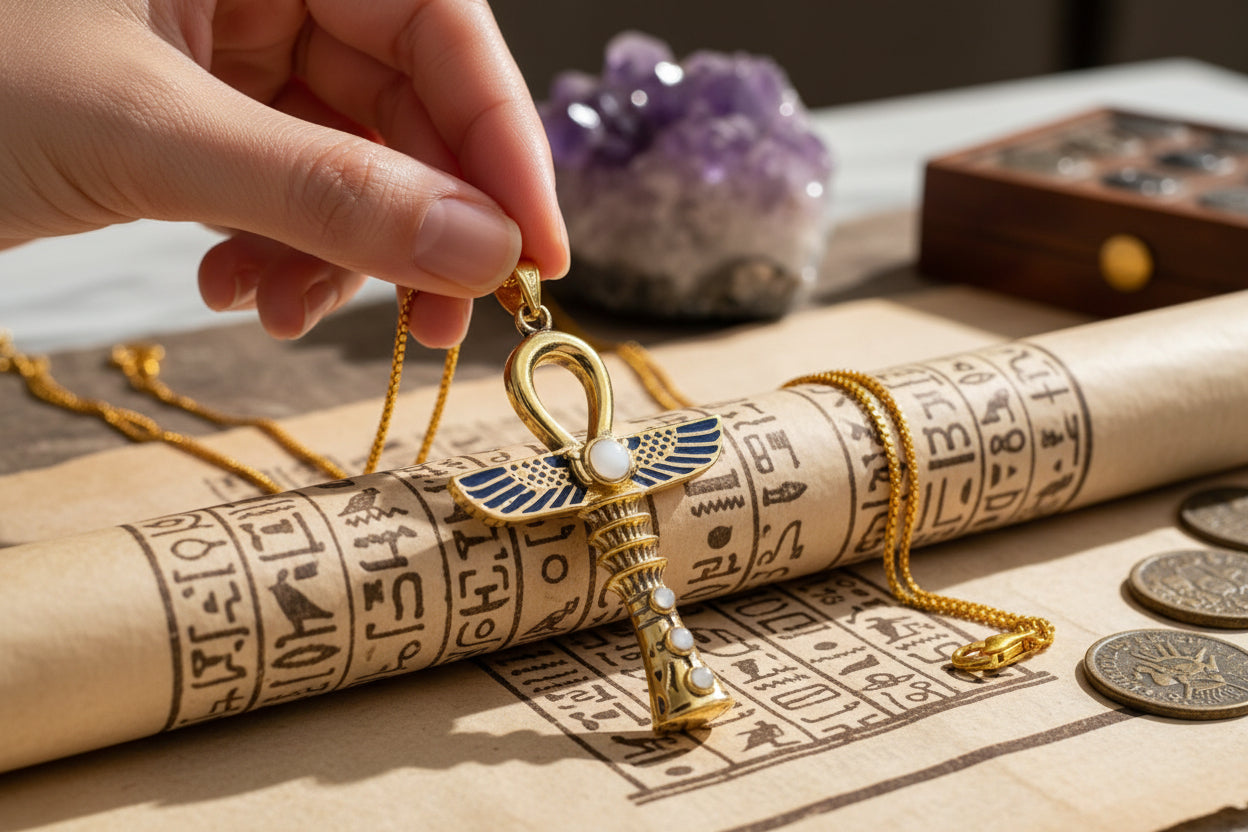 Gold Winged Ankh Necklace, Large Egyptian Key of Life with Mother of Pearl