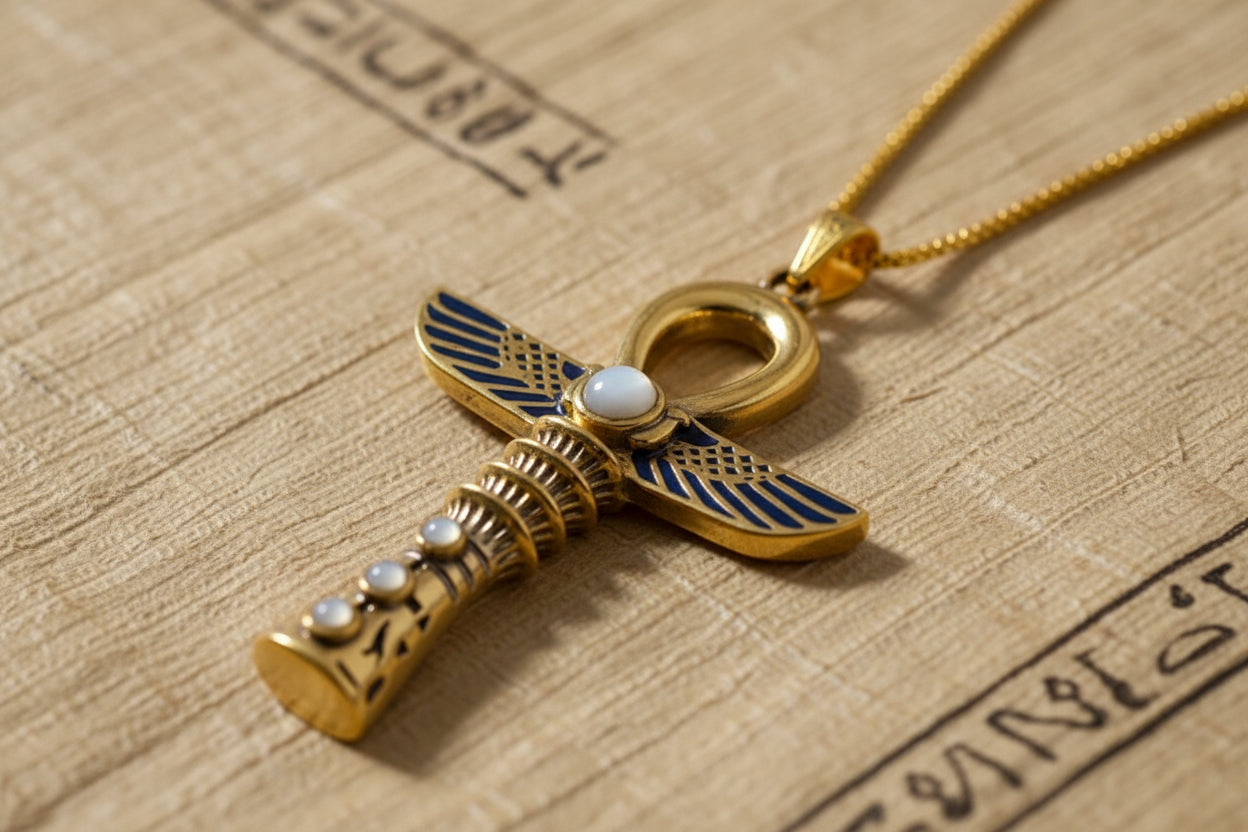Gold Winged Ankh Necklace, Large Egyptian Key of Life with Mother of Pearl