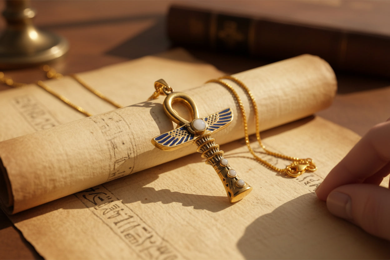 Gold Winged Ankh Necklace, Large Egyptian Key of Life with Mother of Pearl