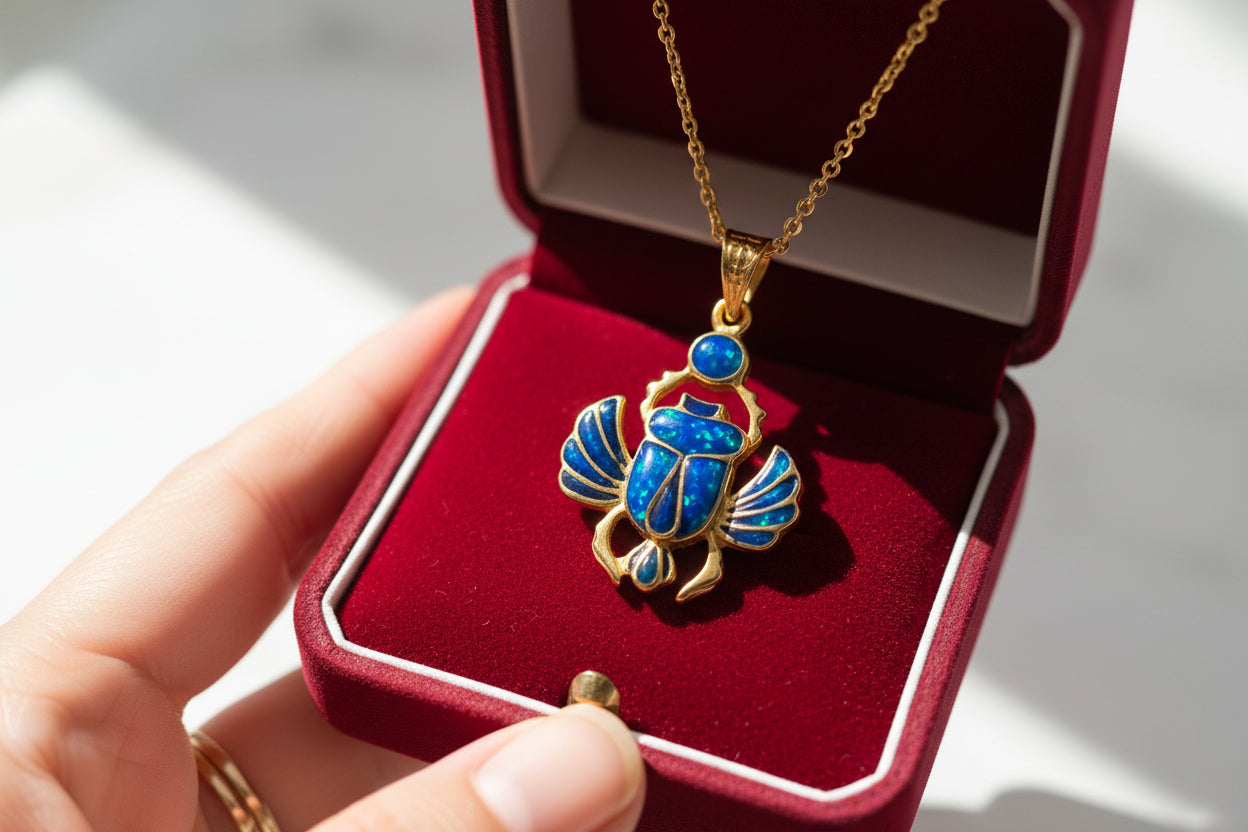 Gold Scarab Pendant Necklace, Dark Blue Sparkle Opal, Egyptian Revival Jewelry
