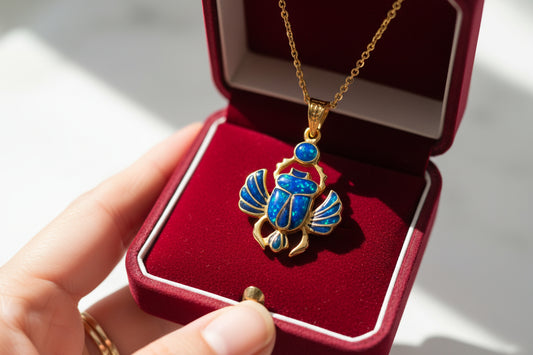 Gold Scarab Pendant Necklace, Dark Blue Sparkle Opal, Egyptian Revival Jewelry
