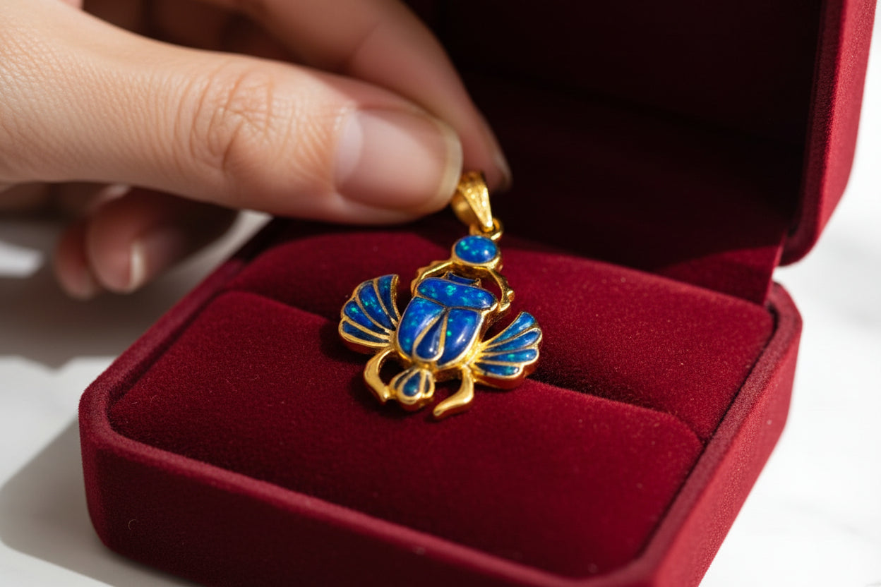 Gold Scarab Pendant Necklace, Dark Blue Sparkle Opal, Egyptian Revival Jewelry
