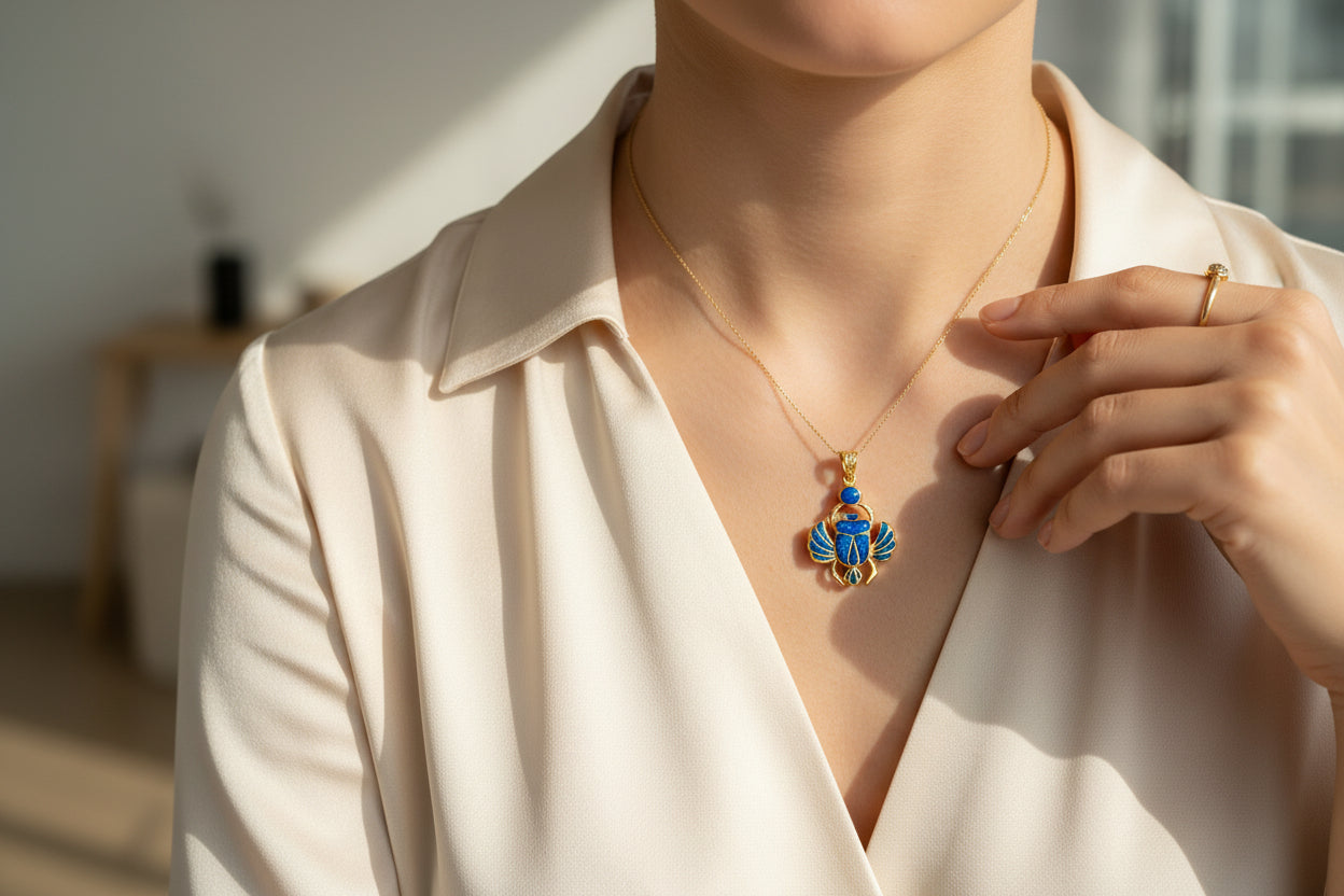 Gold Scarab Pendant Necklace, Dark Blue Sparkle Opal, Egyptian Revival Jewelry