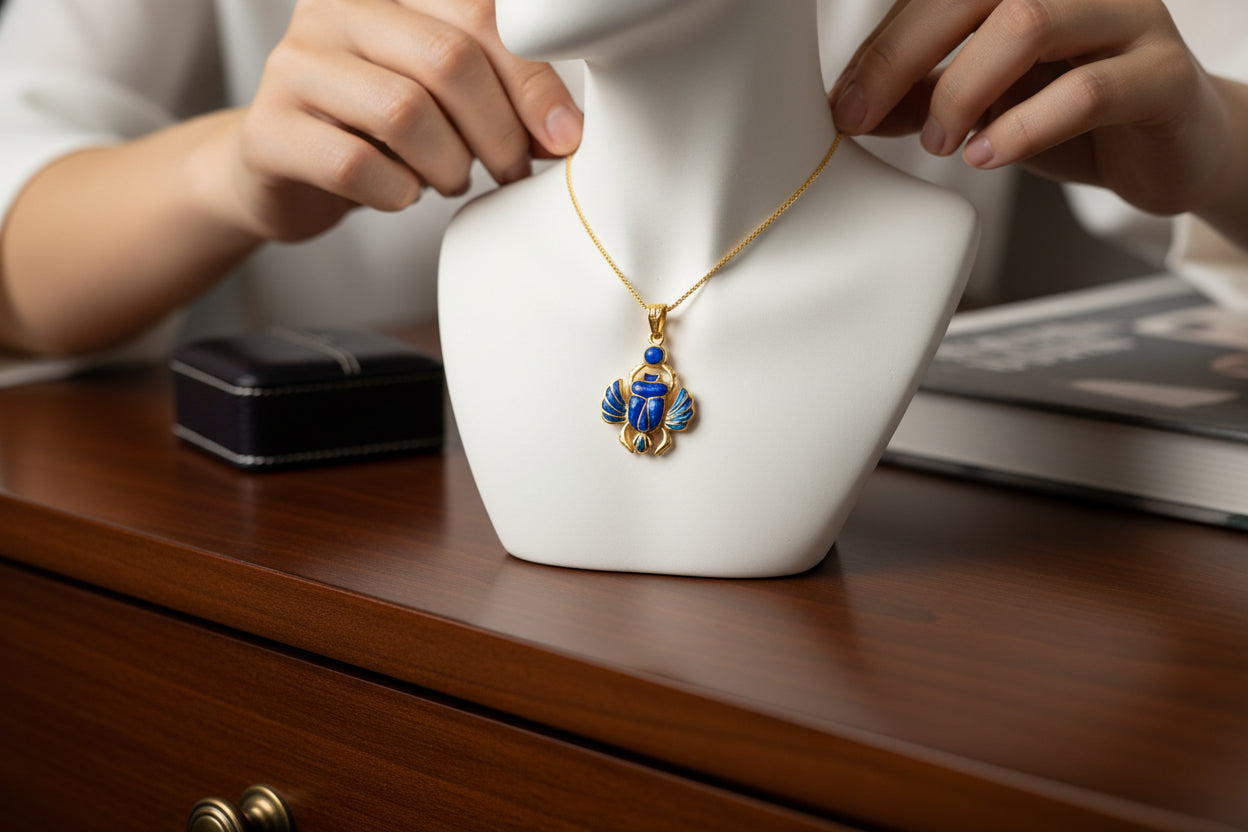 Gold Scarab Pendant Necklace, Dark Blue Sparkle Opal, Egyptian Revival Jewelry