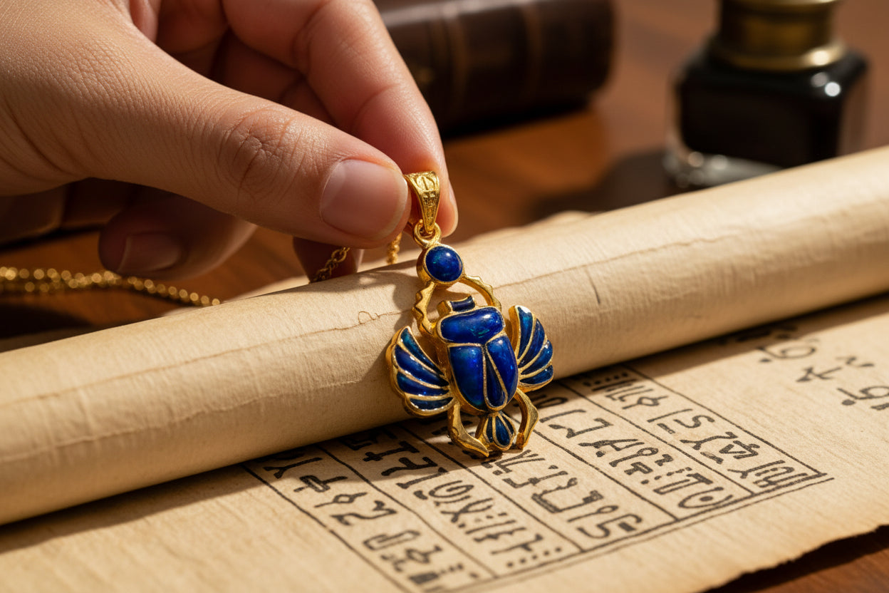 Gold Scarab Pendant Necklace, Dark Blue Sparkle Opal, Egyptian Revival Jewelry