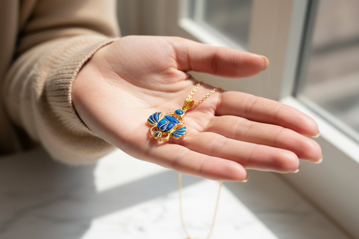 Gold Scarab Pendant Necklace, Dark Blue Sparkle Opal, Egyptian Revival Jewelry