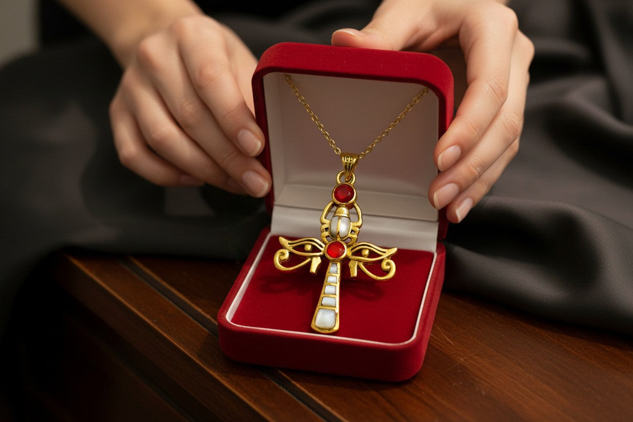 Gold Ankh Necklace, Egyptian Revival Scarab, Eye of Horus Gift Pendant