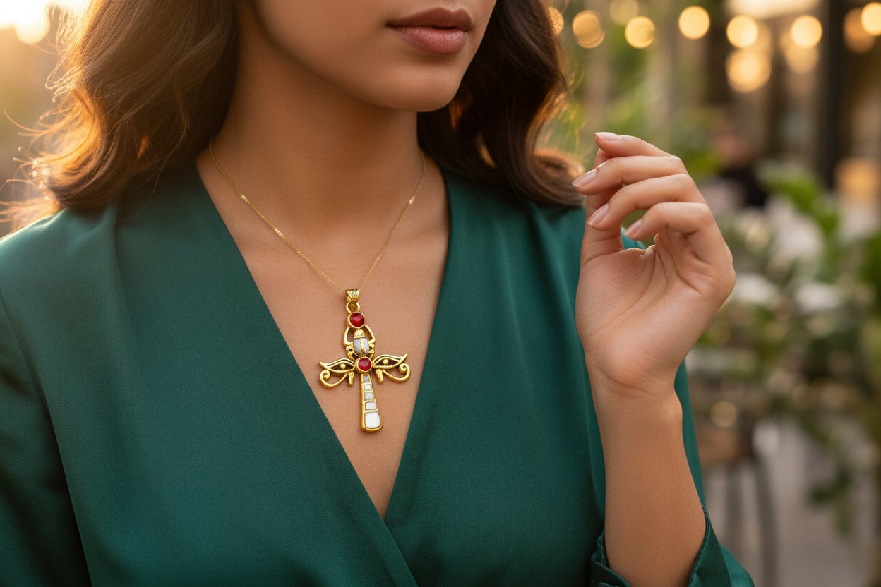 Gold Ankh Necklace, Egyptian Revival Scarab, Eye of Horus Gift Pendant