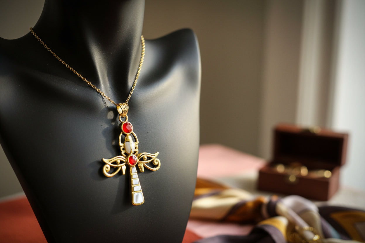 Gold Ankh Necklace, Egyptian Revival Scarab, Eye of Horus Gift Pendant