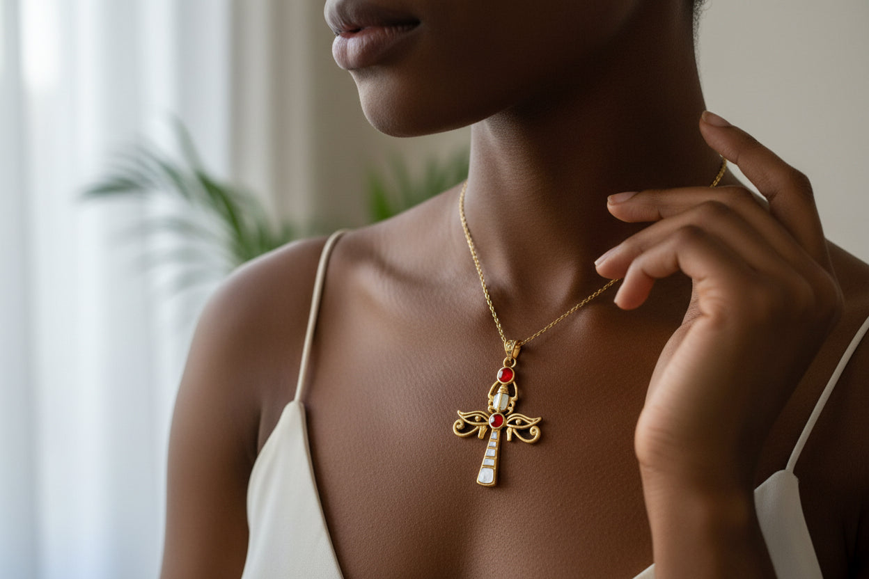 Gold Ankh Necklace, Egyptian Revival Scarab, Eye of Horus Gift Pendant