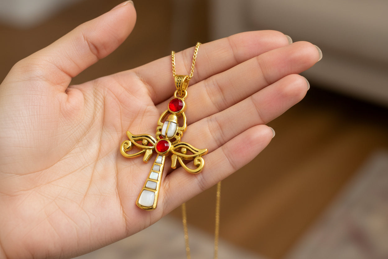 Gold Ankh Necklace, Egyptian Revival Scarab, Eye of Horus Gift Pendant