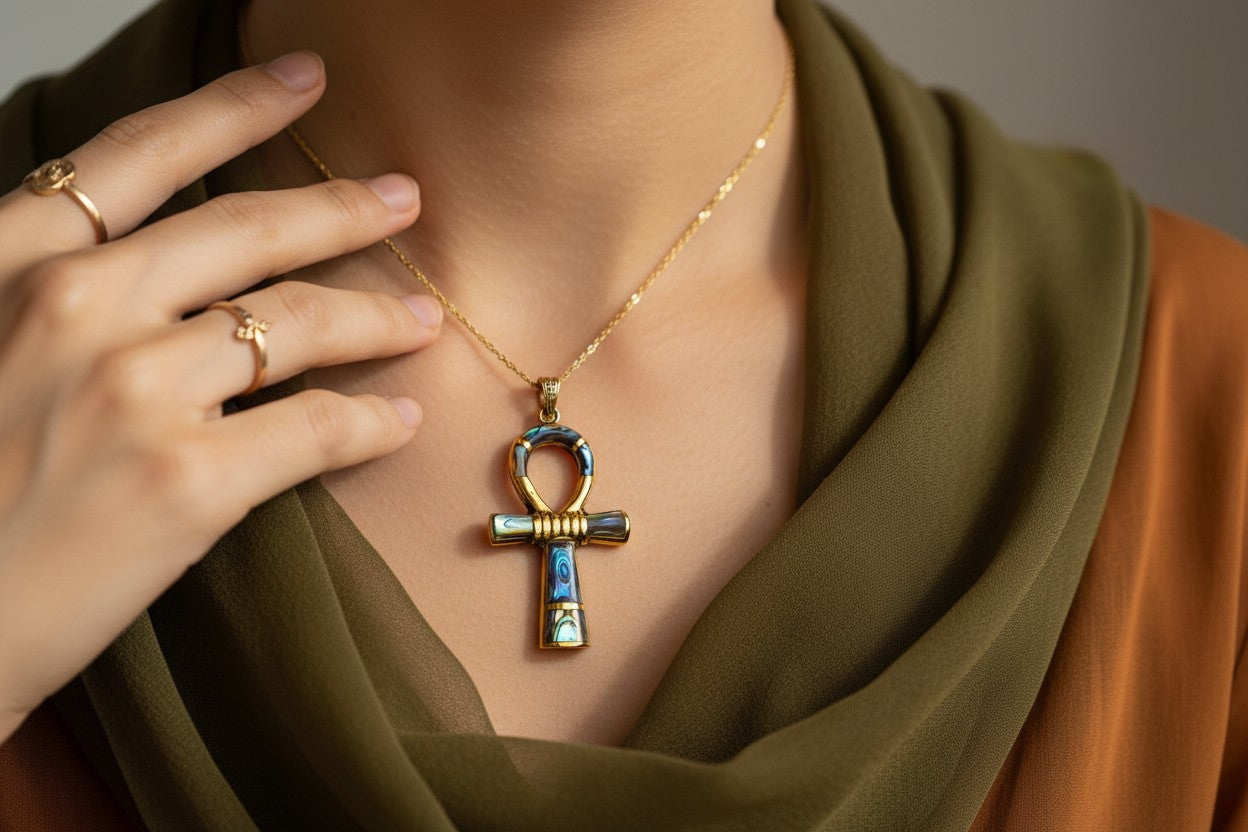 Gold Ankh Necklace, Mother of Pearl Abalone Egyptian Key of Life Pendant