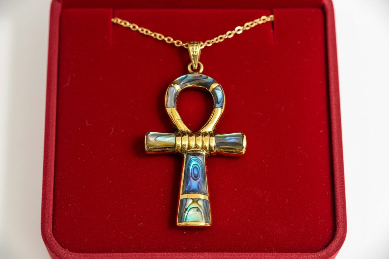 Gold Ankh Necklace, Mother of Pearl Abalone Egyptian Key of Life Pendant