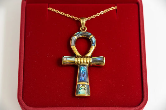 Gold Ankh Necklace, Mother of Pearl Abalone Egyptian Key of Life Pendant