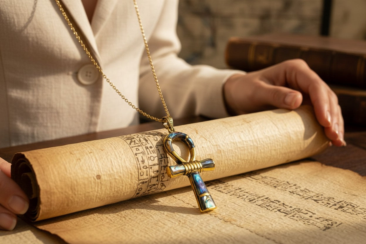 Gold Ankh Necklace, Mother of Pearl Abalone Egyptian Key of Life Pendant