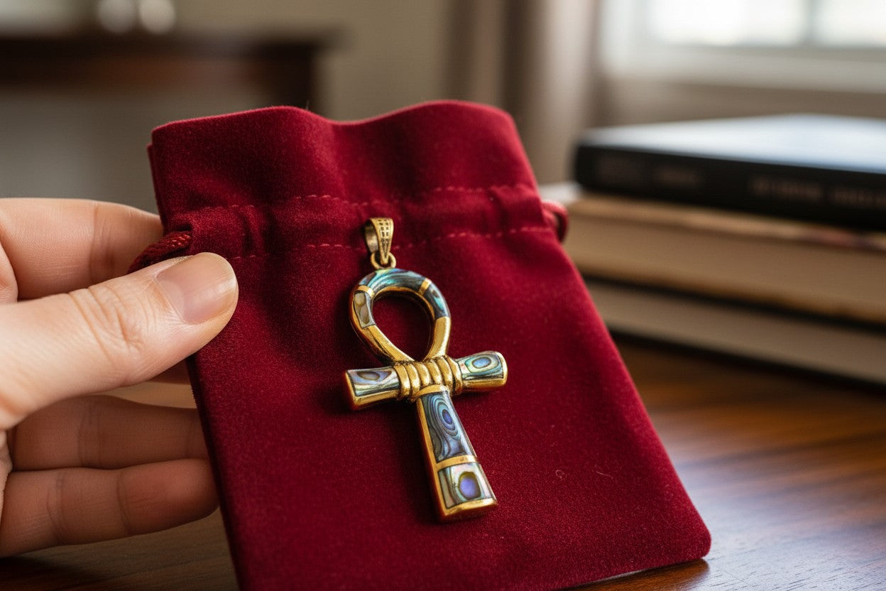Gold Ankh Necklace, Mother of Pearl Abalone Egyptian Key of Life Pendant