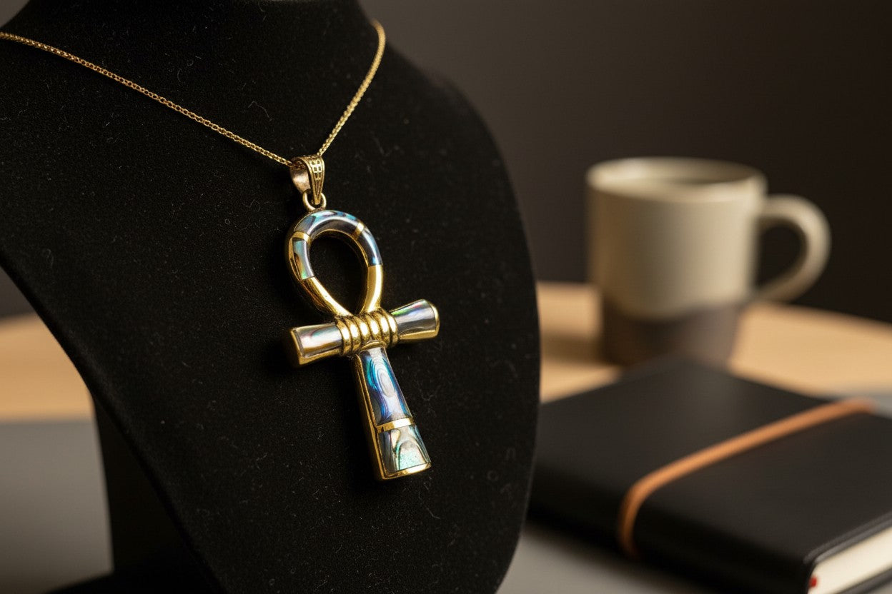 Gold Ankh Necklace, Mother of Pearl Abalone Egyptian Key of Life Pendant