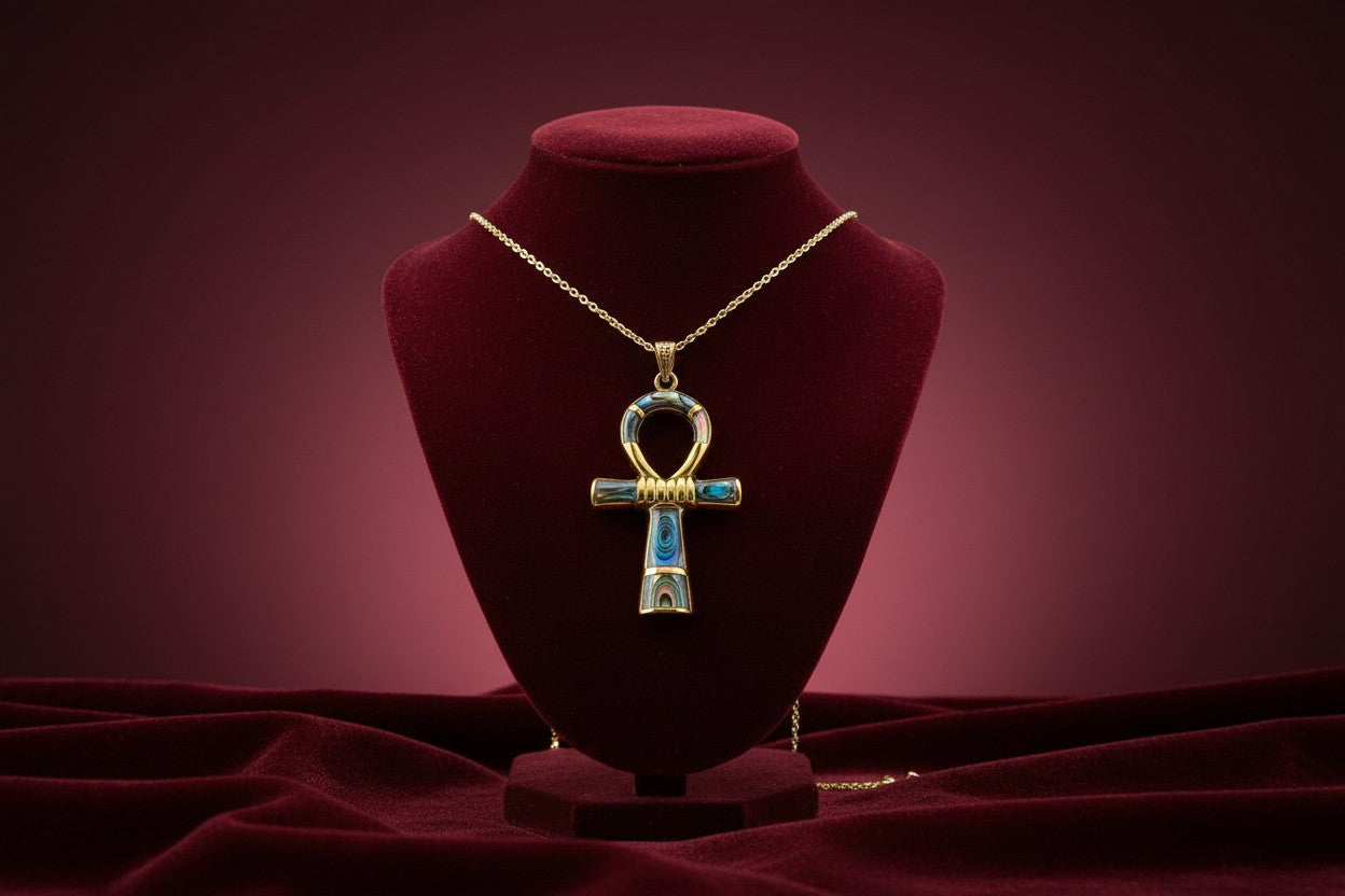Gold Ankh Necklace, Mother of Pearl Abalone Egyptian Key of Life Pendant