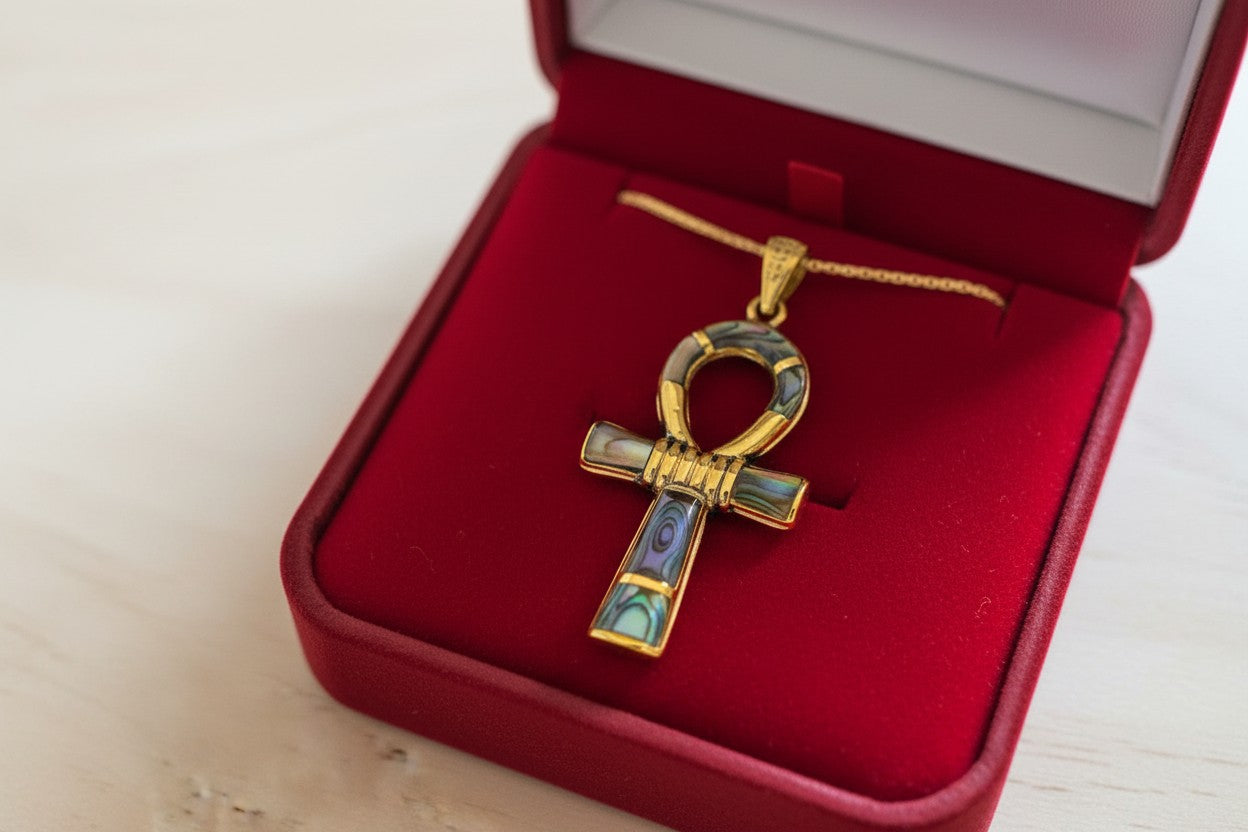 Gold Ankh Necklace, Mother of Pearl Abalone Egyptian Key of Life Pendant
