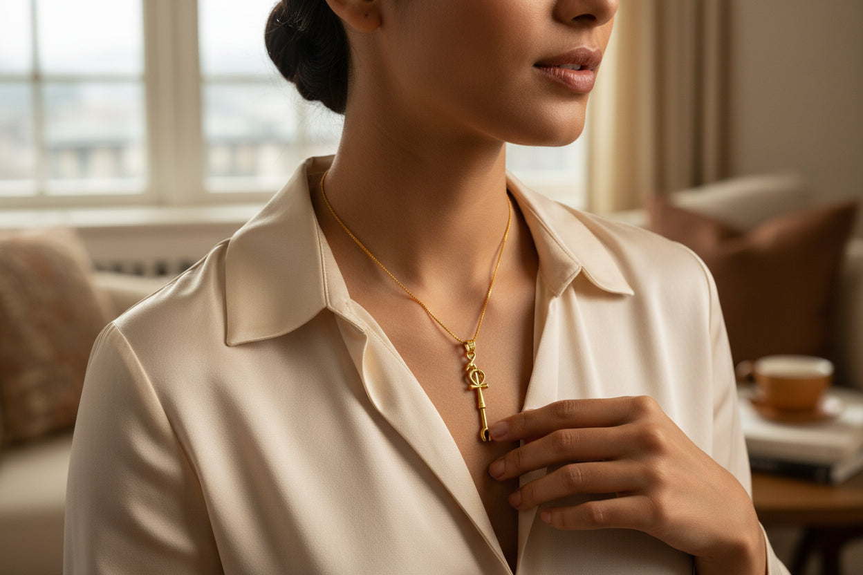 Gold Was Scepter Ankh Pendant, Egyptian Talisman Necklace