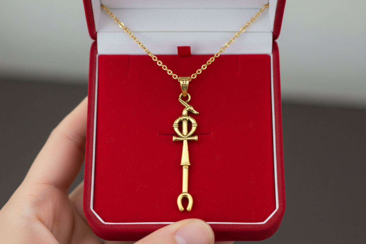 Gold Was Scepter Ankh Pendant, Egyptian Talisman Necklace