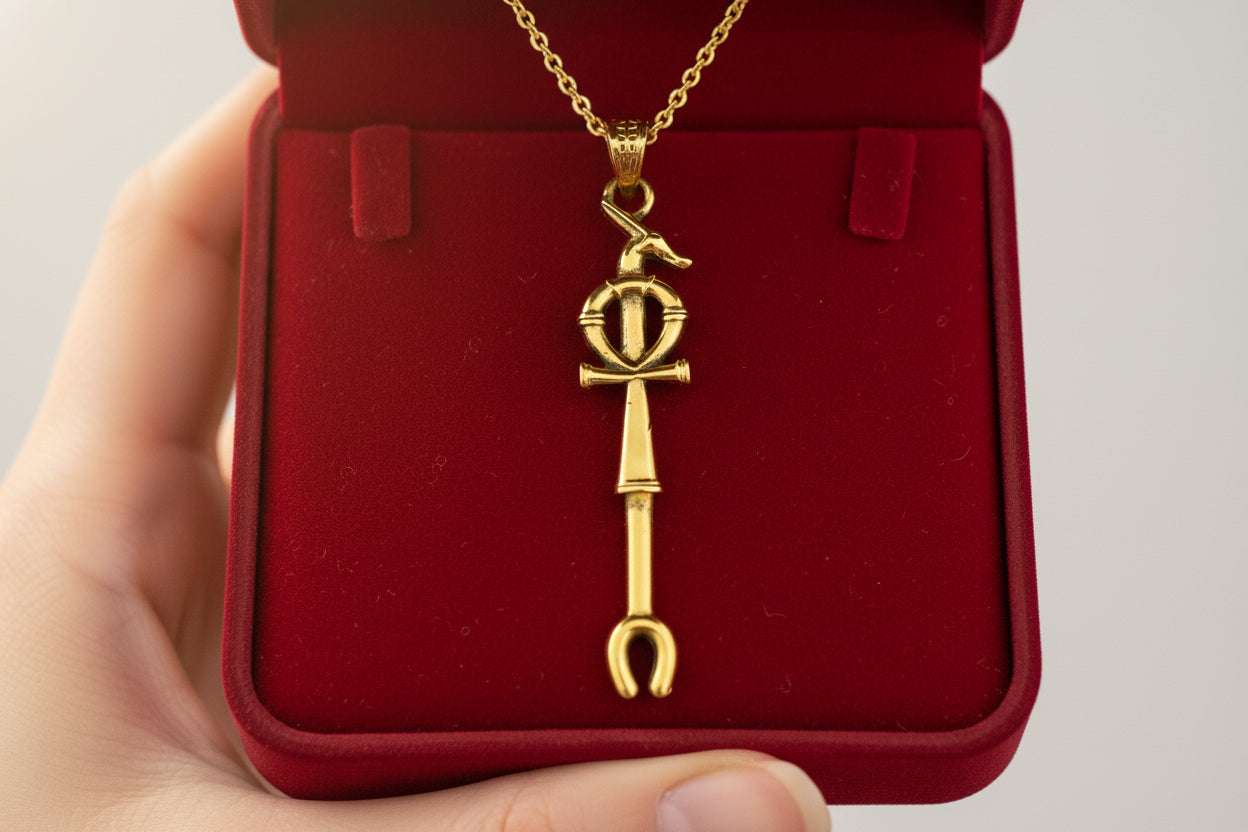 Gold Was Scepter Ankh Pendant, Egyptian Talisman Necklace