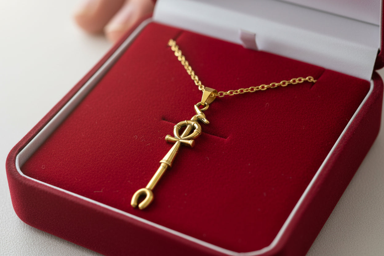 Gold Was Scepter Ankh Pendant, Egyptian Talisman Necklace