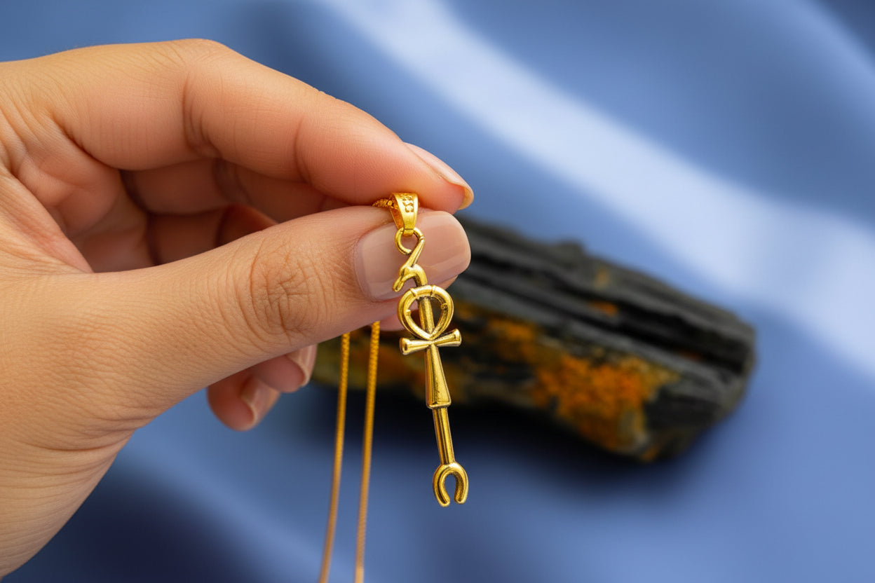 Gold Was Scepter Ankh Pendant, Egyptian Talisman Necklace