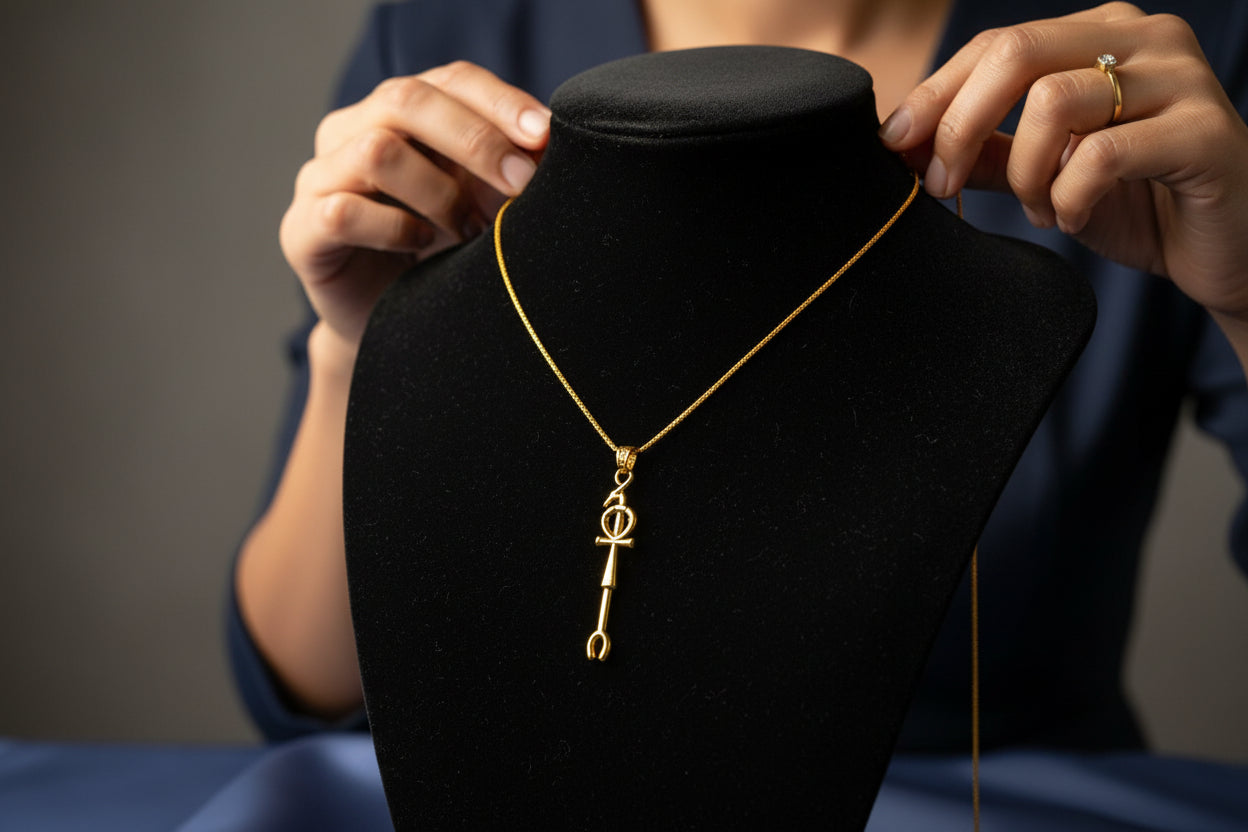 Gold Was Scepter Ankh Pendant, Egyptian Talisman Necklace