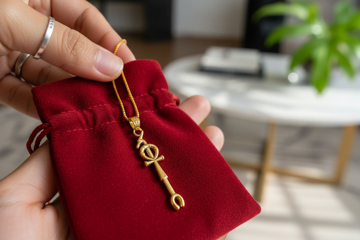 Gold Was Scepter Ankh Pendant, Egyptian Talisman Necklace