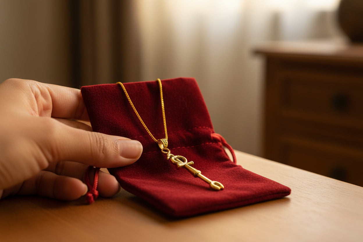 Gold Was Scepter Ankh Pendant, Egyptian Talisman Necklace