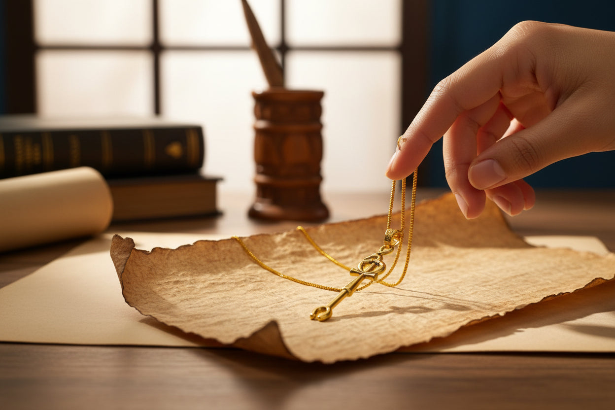 Gold Was Scepter Ankh Pendant, Egyptian Talisman Necklace