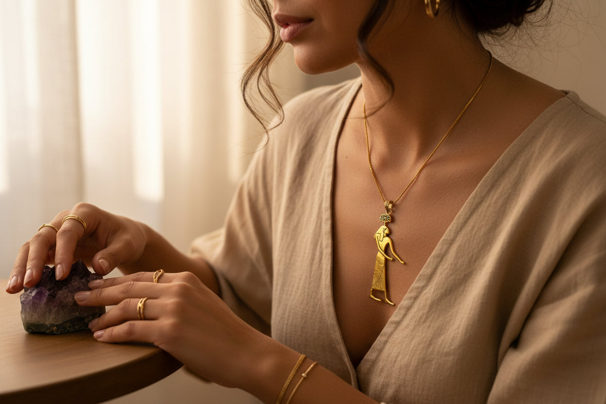 Gold Seshet Pendant, Egyptian Goddess Necklace, Divine Talisman