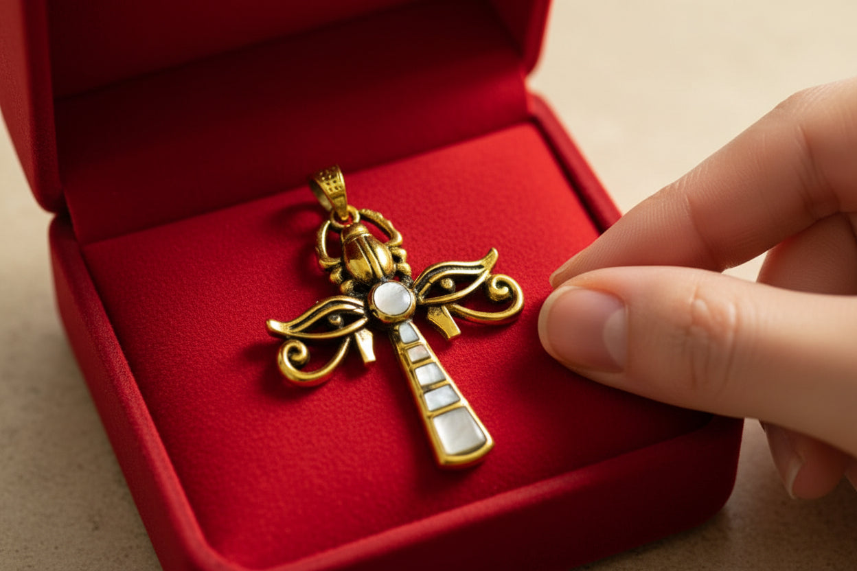 Gold & Mother of Pearl Egyptian Ankh Pendant with Eye of Horus and Scarab