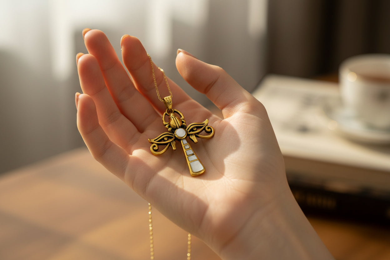 Gold & Mother of Pearl Egyptian Ankh Pendant with Eye of Horus and Scarab