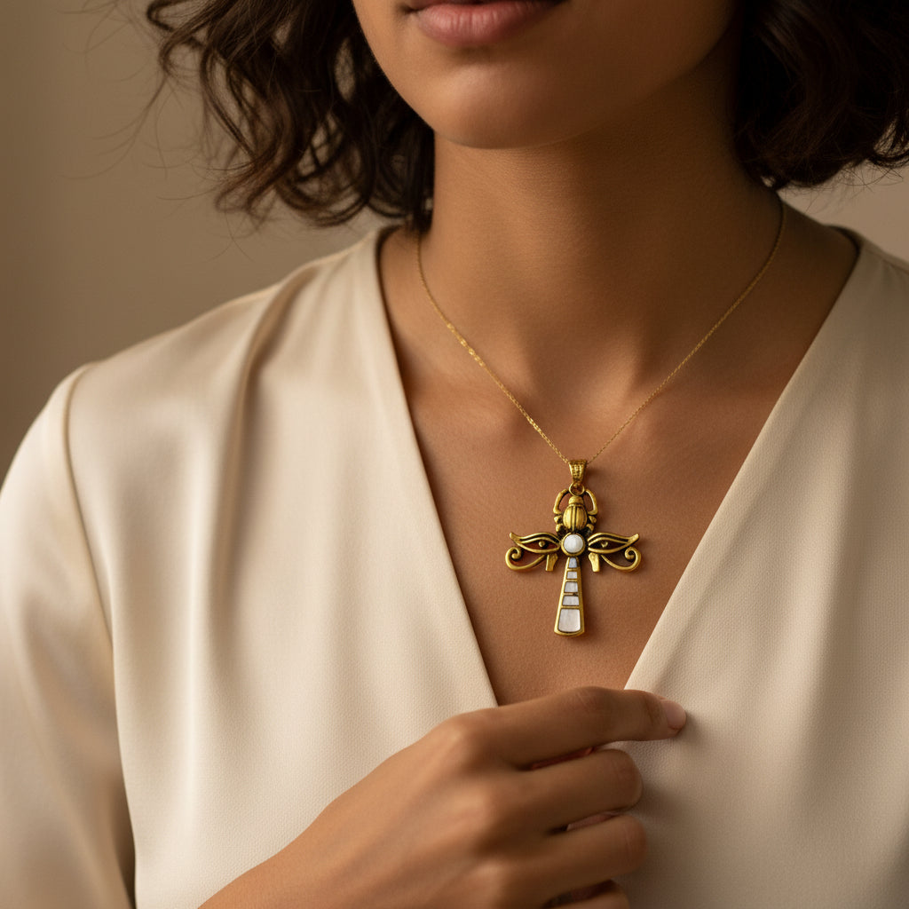 Gold & Mother of Pearl Egyptian Ankh Pendant with Eye of Horus and Scarab