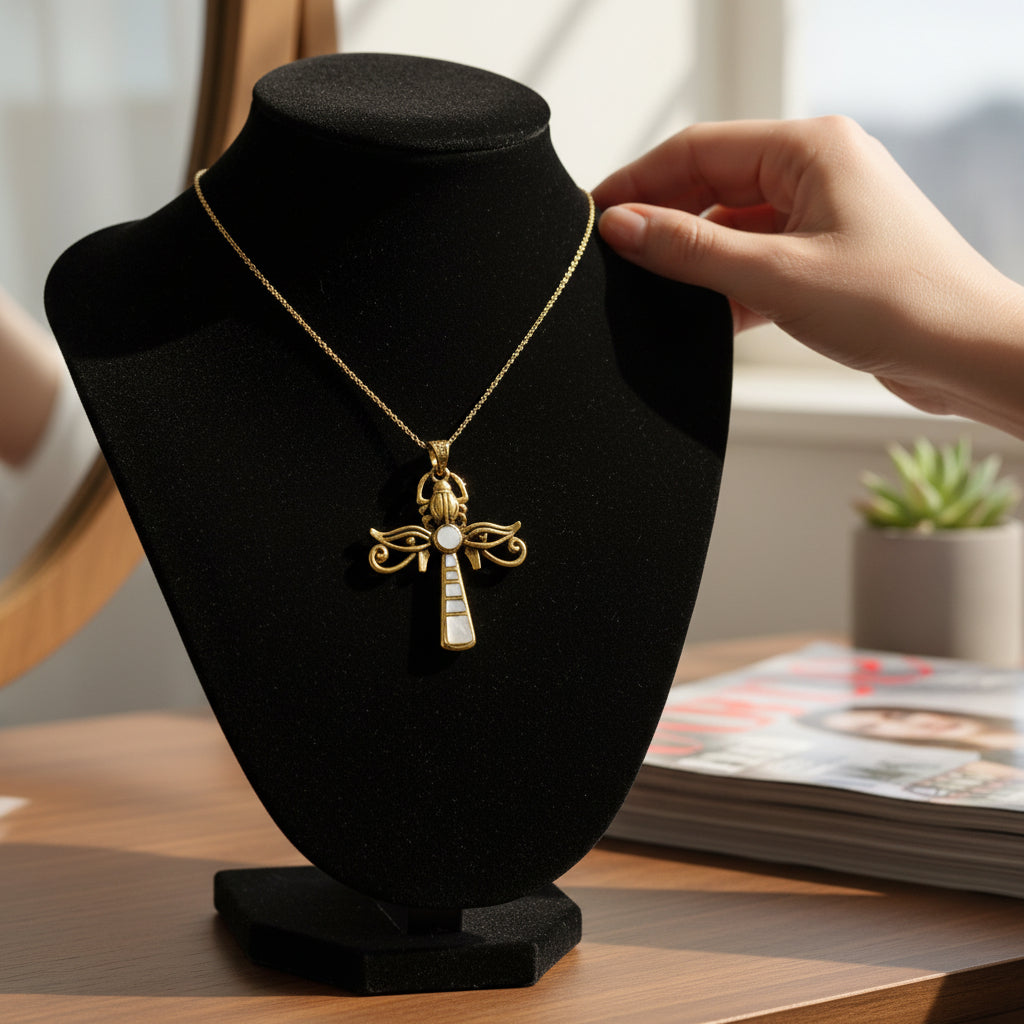 Gold & Mother of Pearl Egyptian Ankh Pendant with Eye of Horus and Scarab