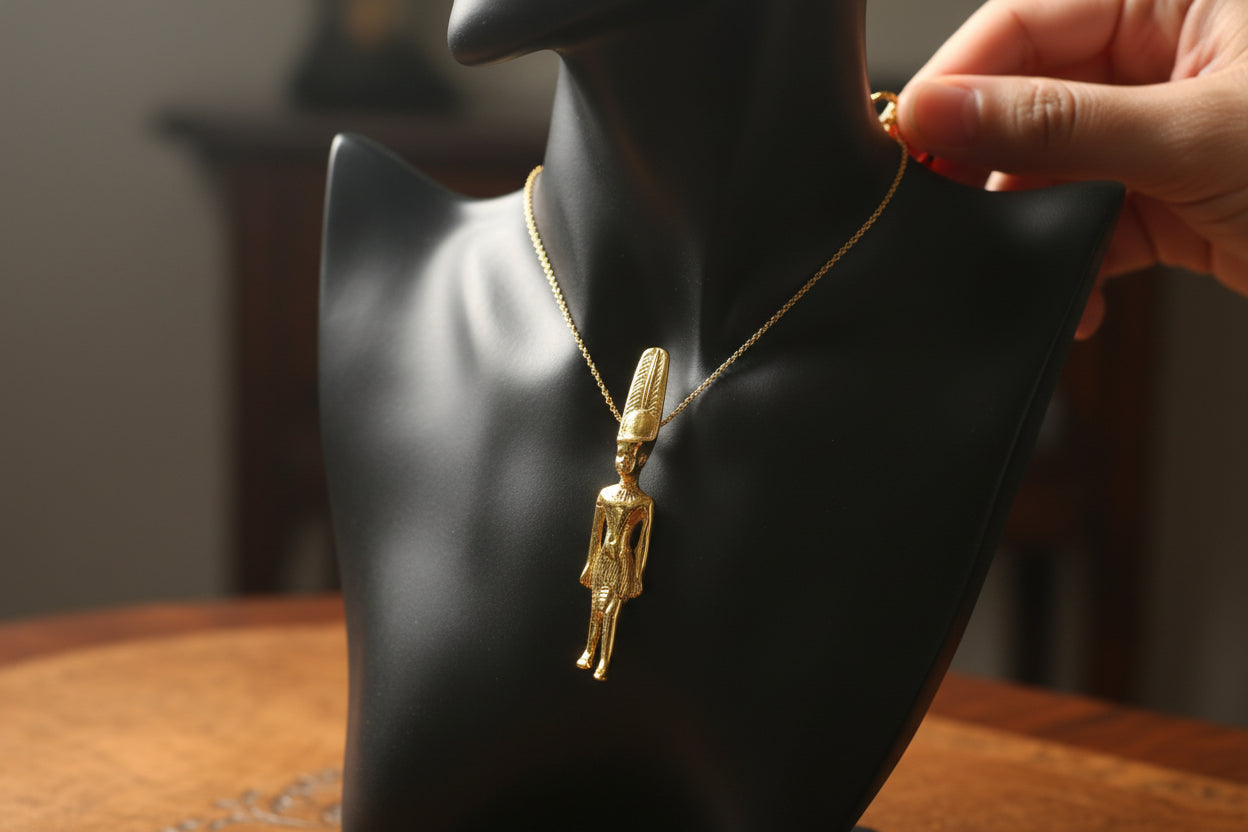Gold God Amun Pendant Necklace, Egyptian Revival Talisman