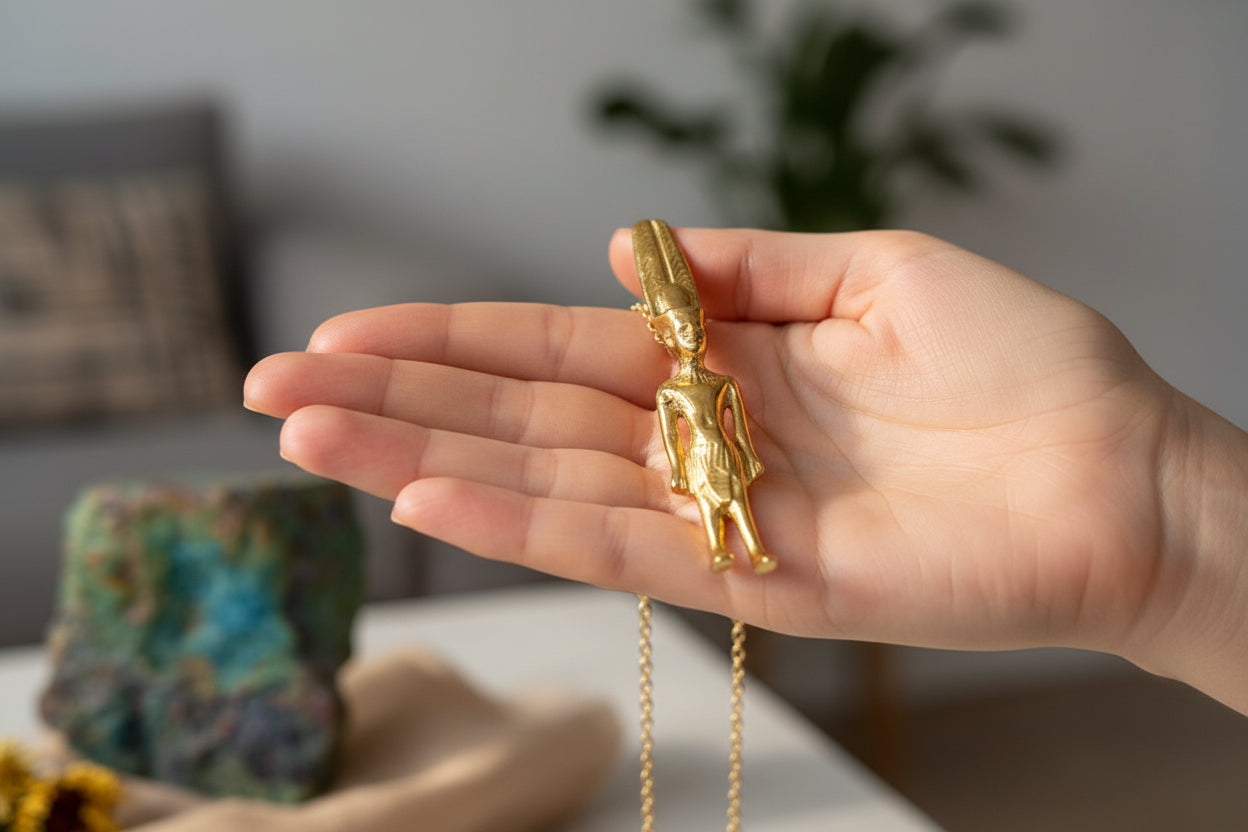 Gold God Amun Pendant Necklace, Egyptian Revival Talisman
