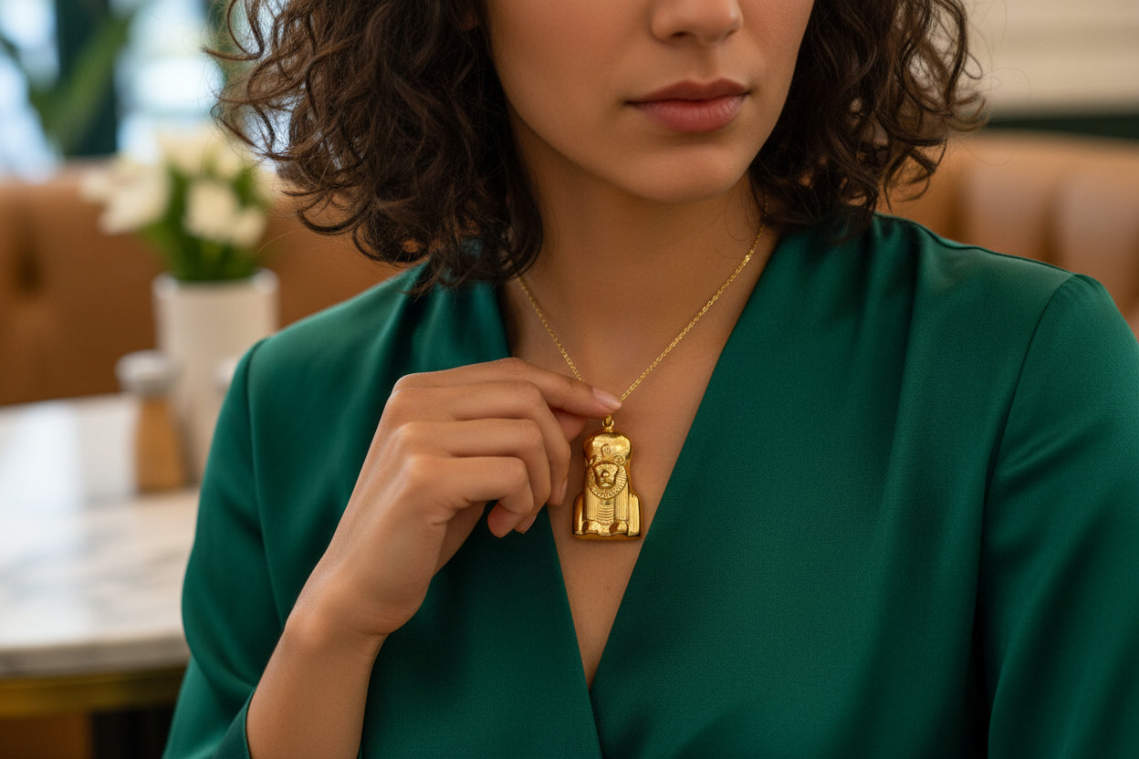 Gold Sekhmet Pendant, Egyptian Revival Lion Goddess Necklace