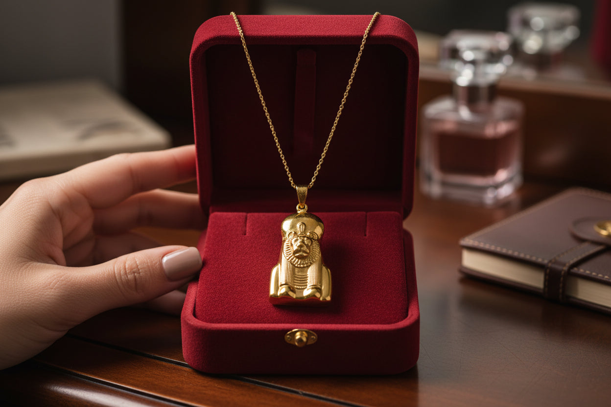 Gold Sekhmet Pendant, Egyptian Revival Lion Goddess Necklace