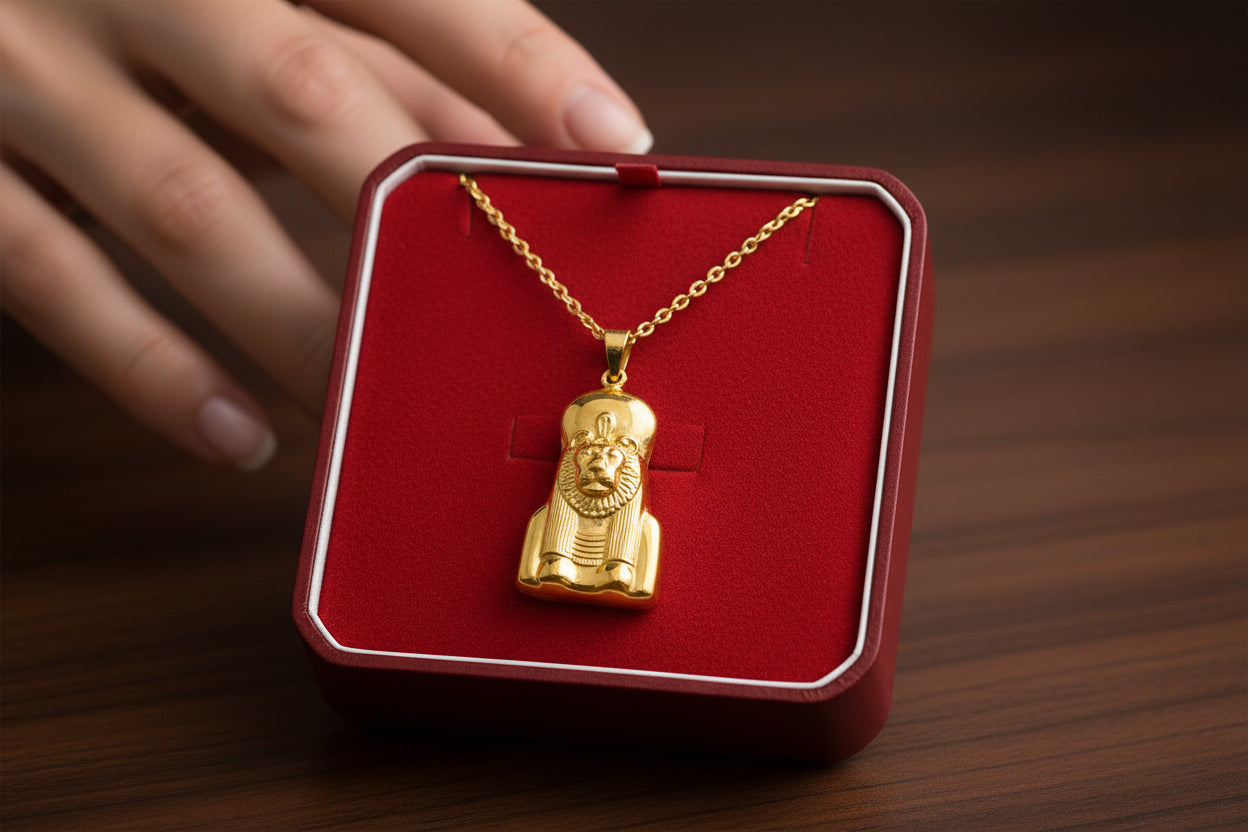 Gold Sekhmet Pendant, Egyptian Revival Lion Goddess Necklace