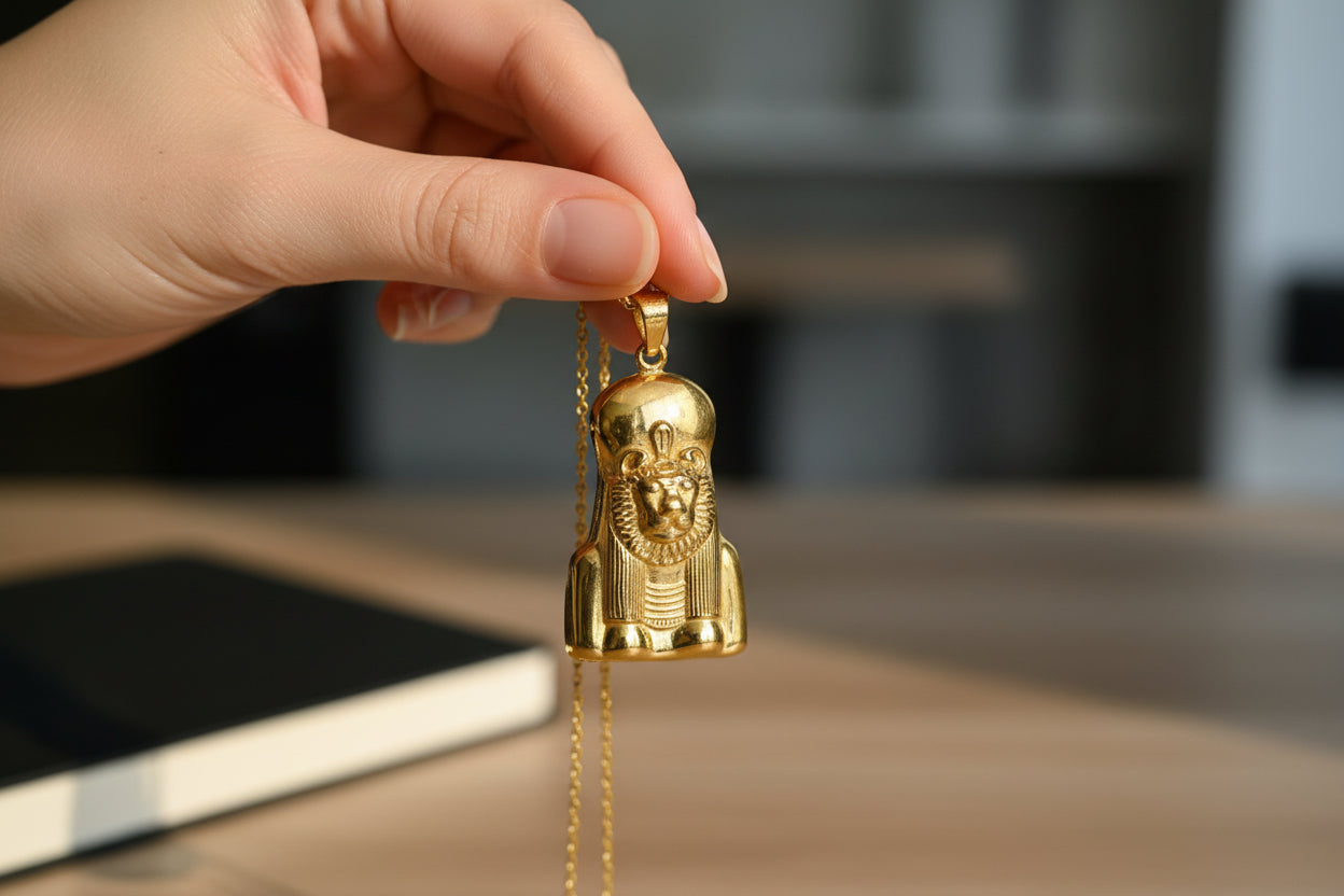 Gold Sekhmet Pendant, Egyptian Revival Lion Goddess Necklace